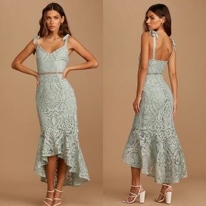 NWOT Lulu’s Won Your Heart Sage Green Lace Tie-Strap High-Low Midi Dress Size XS